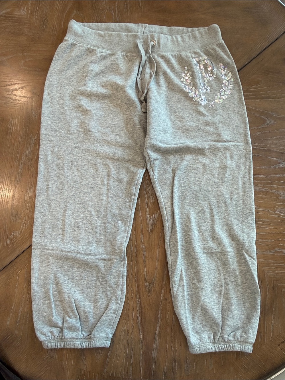 PINK Victoria's Secret Gray Jogger Sweatpants with Iridescent Sequin Logo - Picture 3 of 7